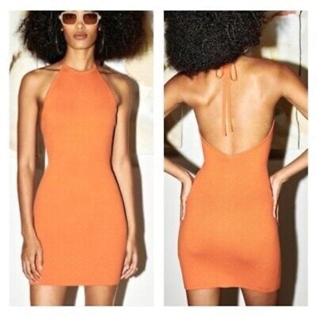 Abercrombie & Fitch Burnt Orange Low Back Crochet Knit Halter Dress